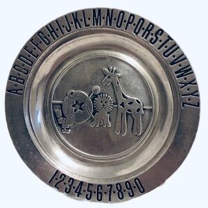 Vintage Pewtarex Pewter Plate Baby ABC Alphabet Number Animals 7.25” Decor